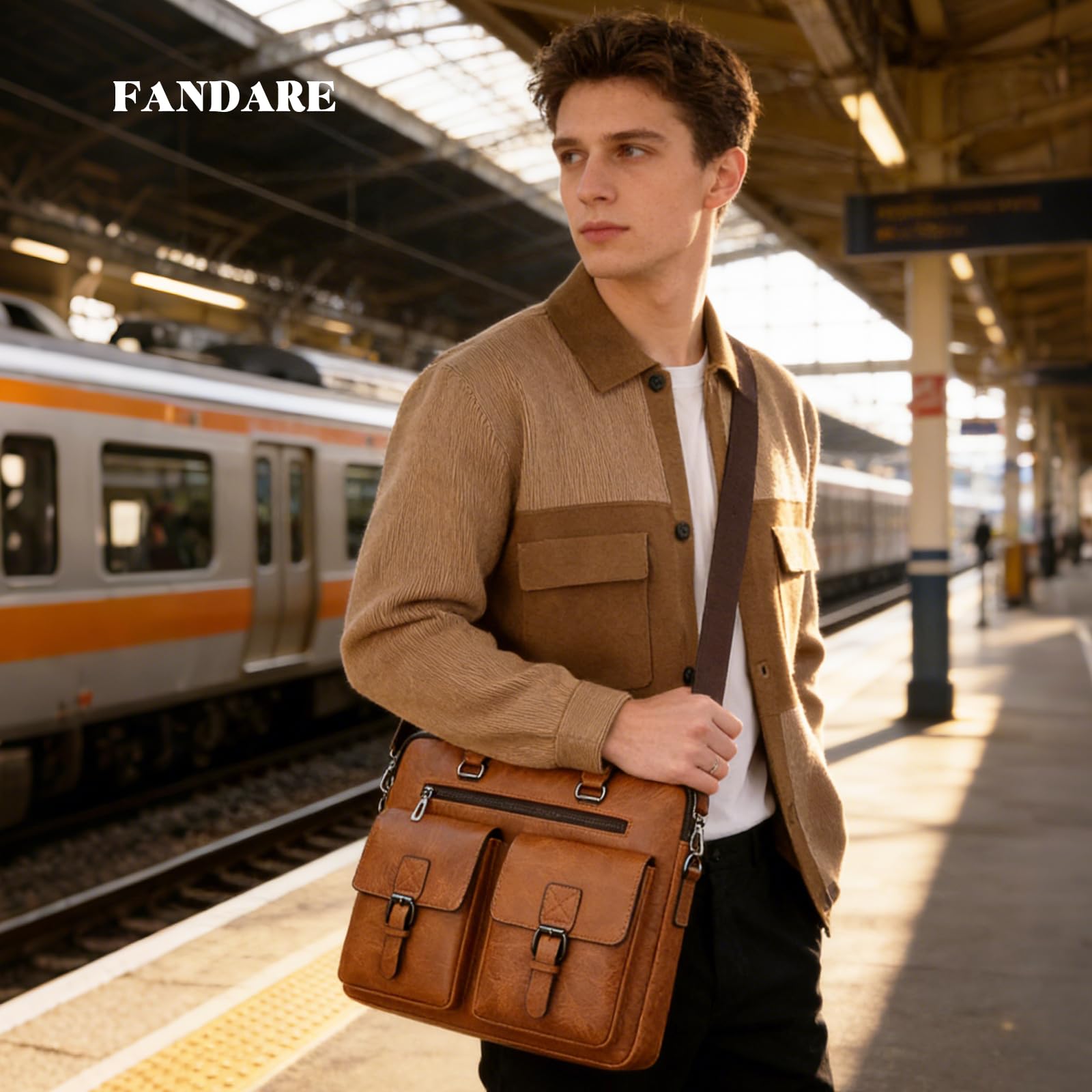 FANDARE Maletines Hombre Bolso Messenger Estilo Británico Cartera mensajero PU cuero Bolsos mano Bolsas y fundas para 15.6 pulgadas portátiles y netbooks Portafolio Carpeta bandolera
