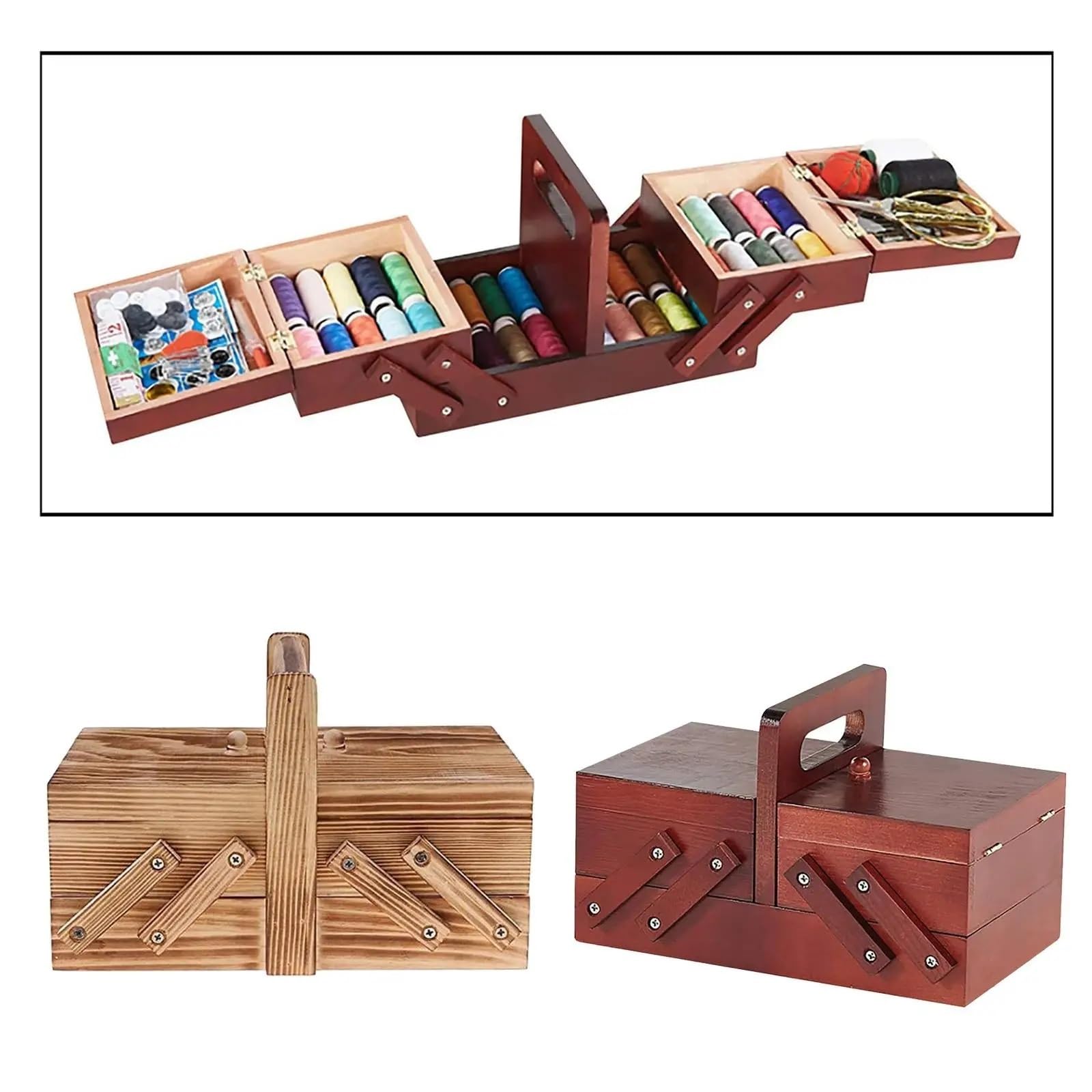 Accesorios y Bolso de Crochet Mochila Caja de costura plegable de madera con compartimentos, Kit de costura for tijeras y agujas, organizador de cesta for coser, cajas de joyería, suministros de costu