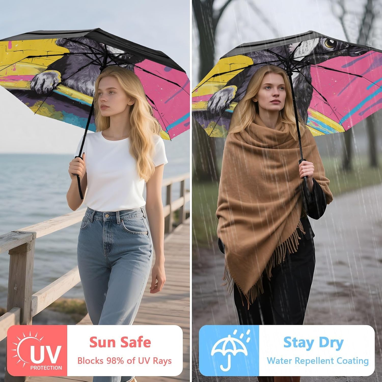 Compact Travel Umbrella Dog Colorful Bathtub Print Windproof Automatic Umbrellas for Rain and Sun Portable UV Protection Umbrella Lightweight for Women Travel Essentials