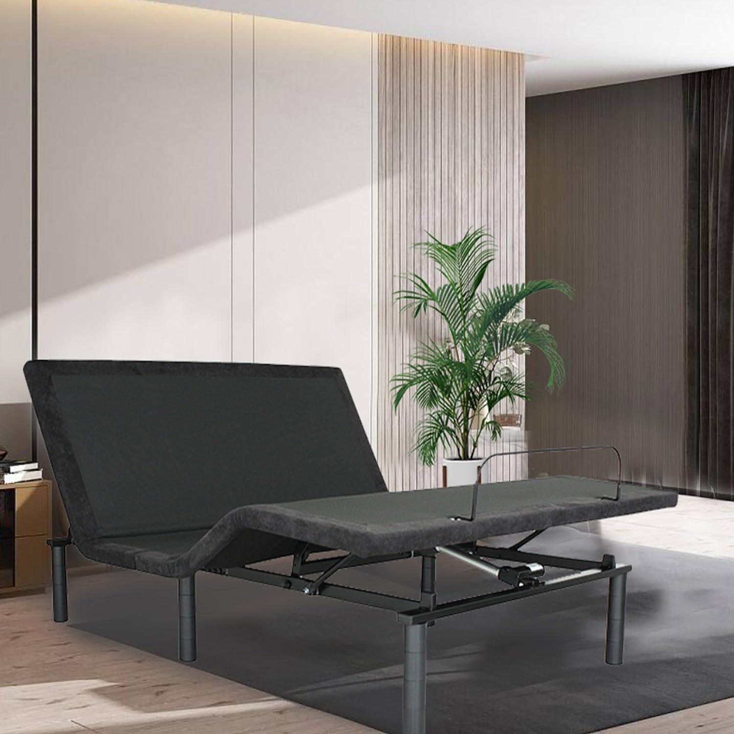 Klwenas Maec Twin XL Adjustable Bed Base in a modern bedroom setting, reclined.