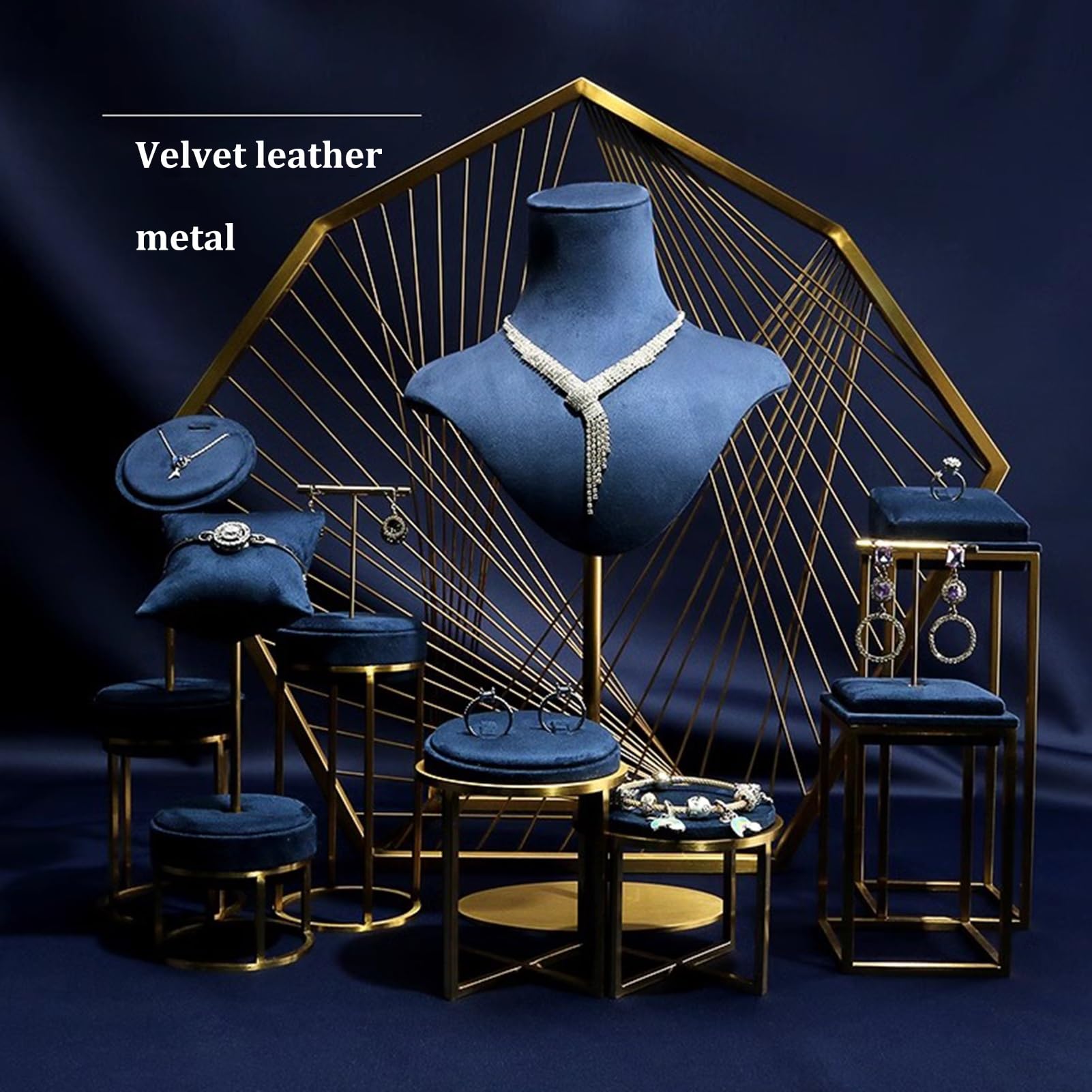 Jewelry Display Mannequin Biżuteria Manekin Materiał Superfiber Metalowa podstawa Niebieskie luksusowe opakowanie Stojak z uchwytem na biust Organizator na naszyjnik pokazowy ( Color : Suit5 )