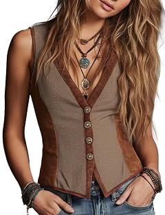Womens Vintage Bohemian Patchwork Suede Vest Open Front Distressed Leather Waistcoat for Festival