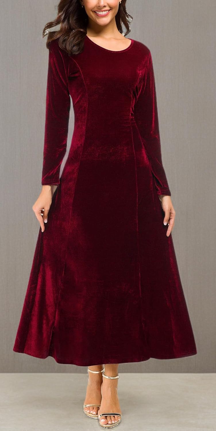 Urban CoCo Women's Elegant Long Sleeve Ruched Velvet Stretchy Long Dress - Image 6