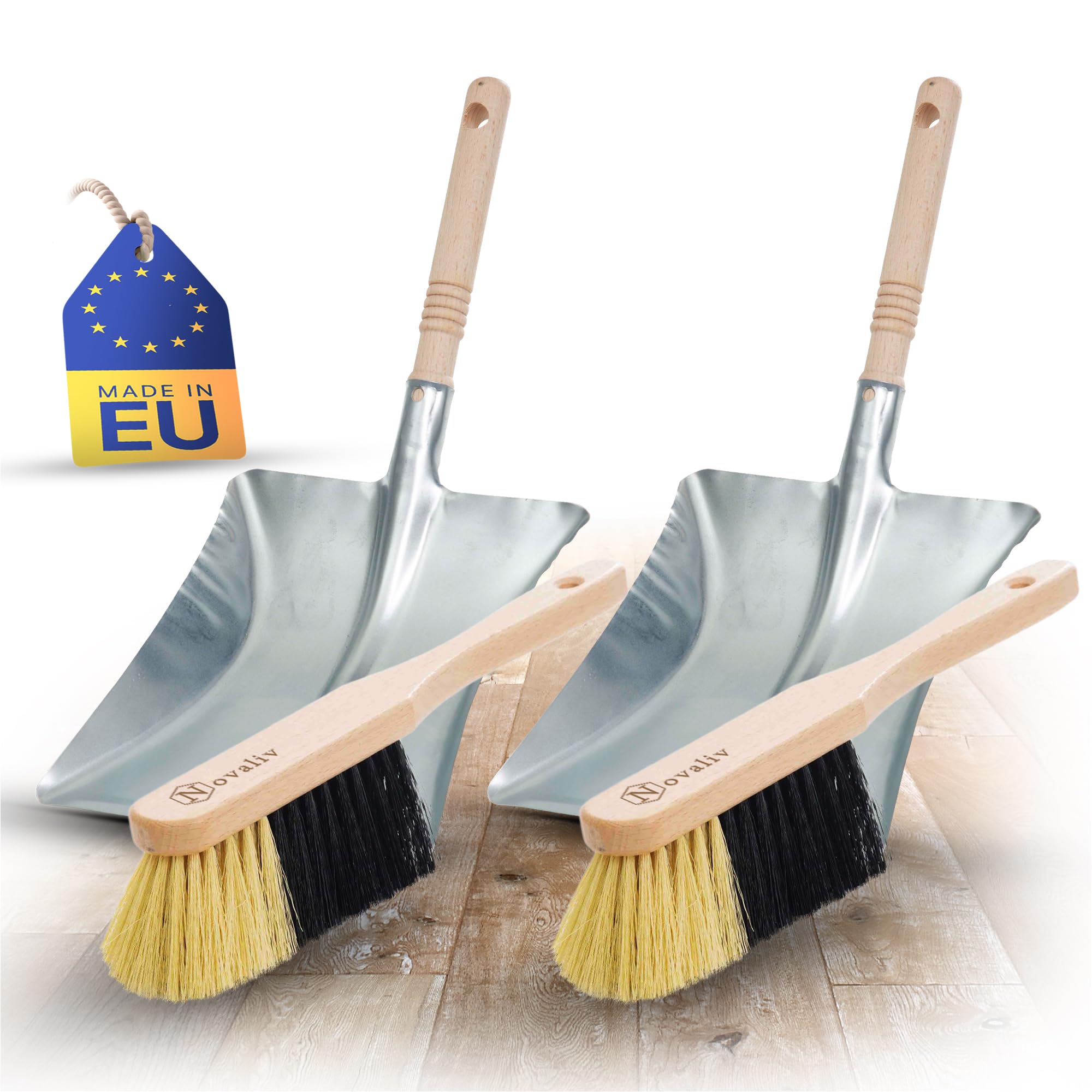 Juego de recogedor de mano Novaliv de metal plateado premium con cepillo resistente de madera