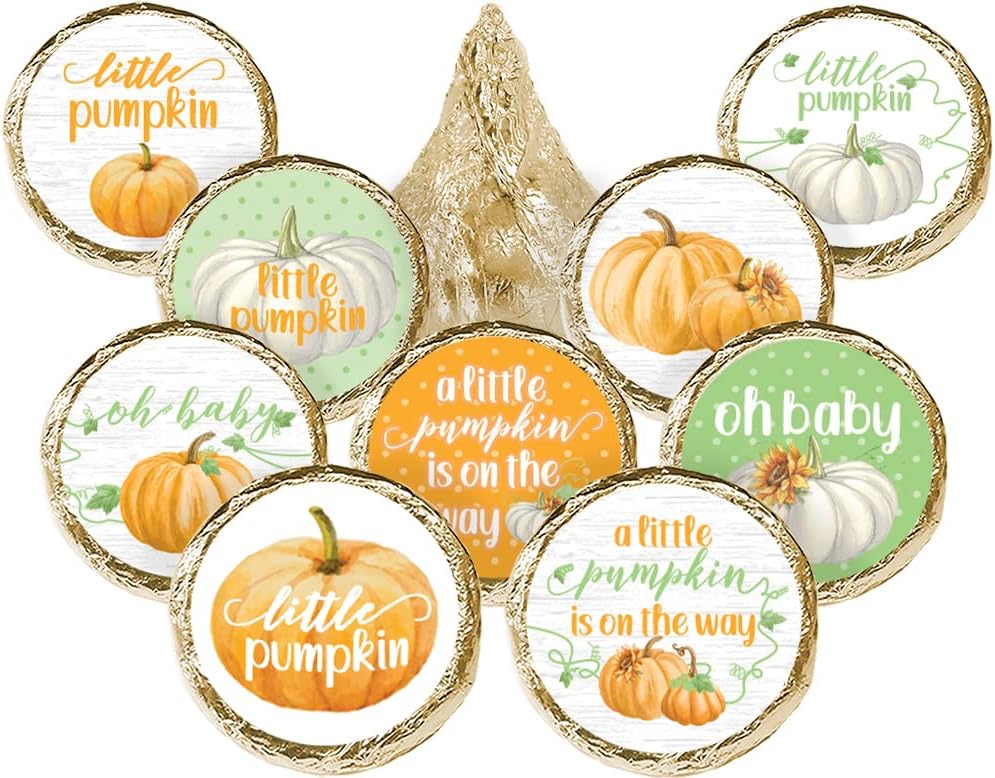 Orange Little Pumpkin Baby Shower Kisses Candy Stickers - Fall Baby Shower Party Favor Stickers - 180 Labels