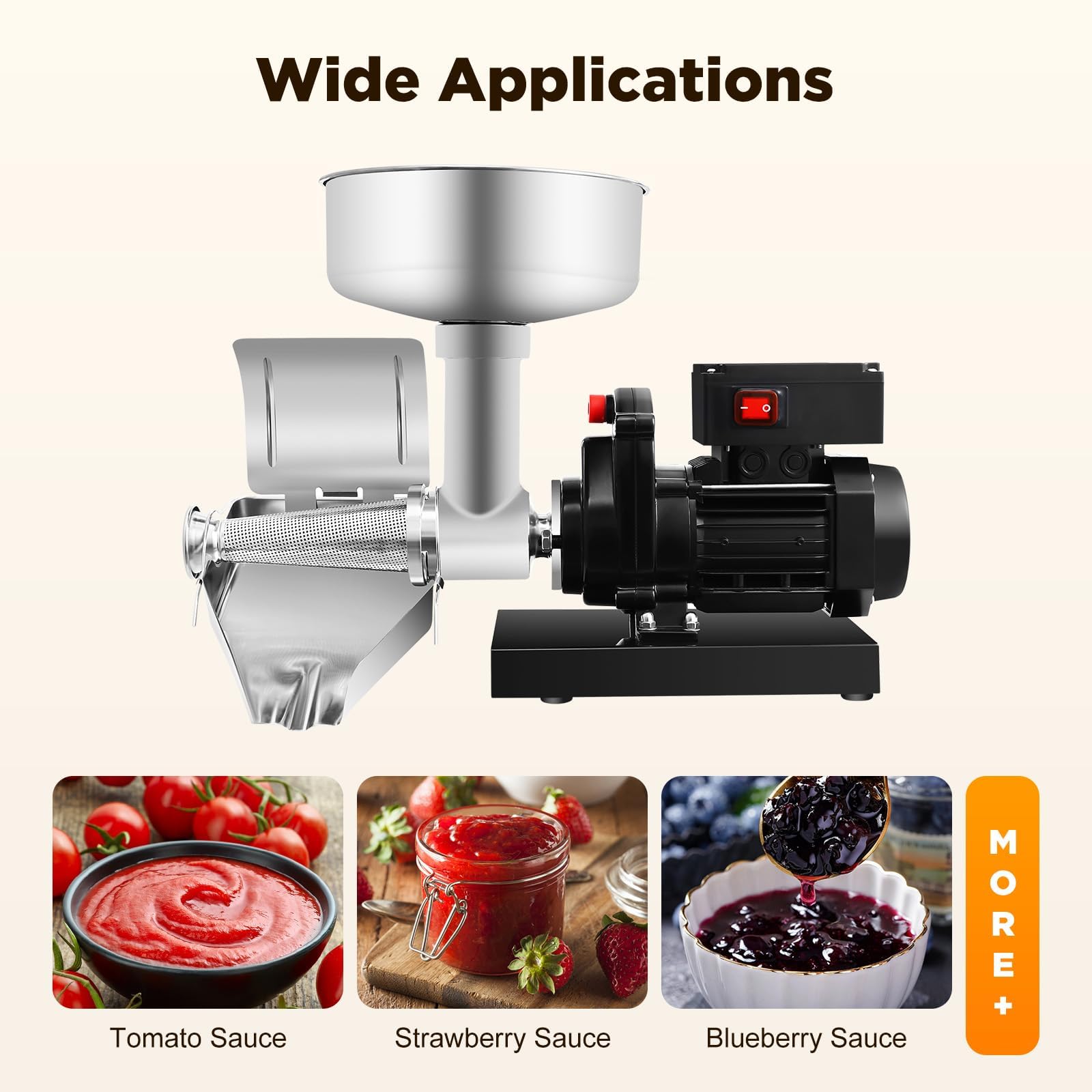 Passapomodoro Elettrico 450 W, Macchina Professionale per Salse | Produzione 20–60 kg/h, Grande Imbuto, Scivolo Regolabile e Acciaio Inox per Passata, Purè e Salse