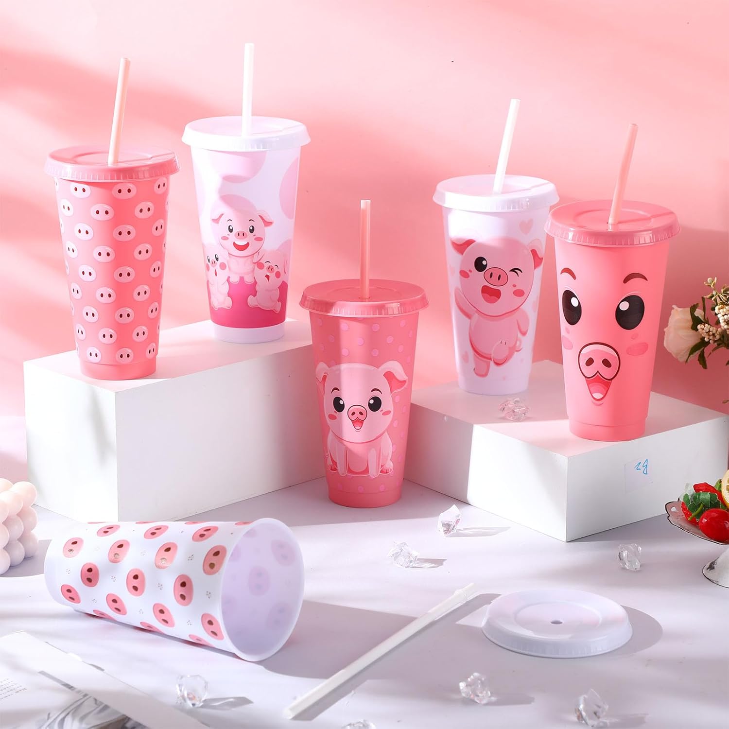 Nezyo 24 Pcs Pig Party Favors Pig Party Cups Bulk Birthday Decorations Farm Animal Supplies 24 oz Reusable Plastic Travel Tumblers with Straws and Lids White Pink Tumbler for Farm Birthday Gifts