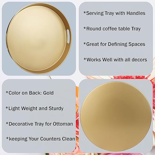 Miniatura 3 de Bandeja decorativa redonda dorada con asas, bandeja otomana versátil de 13 pulgadas para mesa de café, entretenimiento, patio al aire libre, sala de