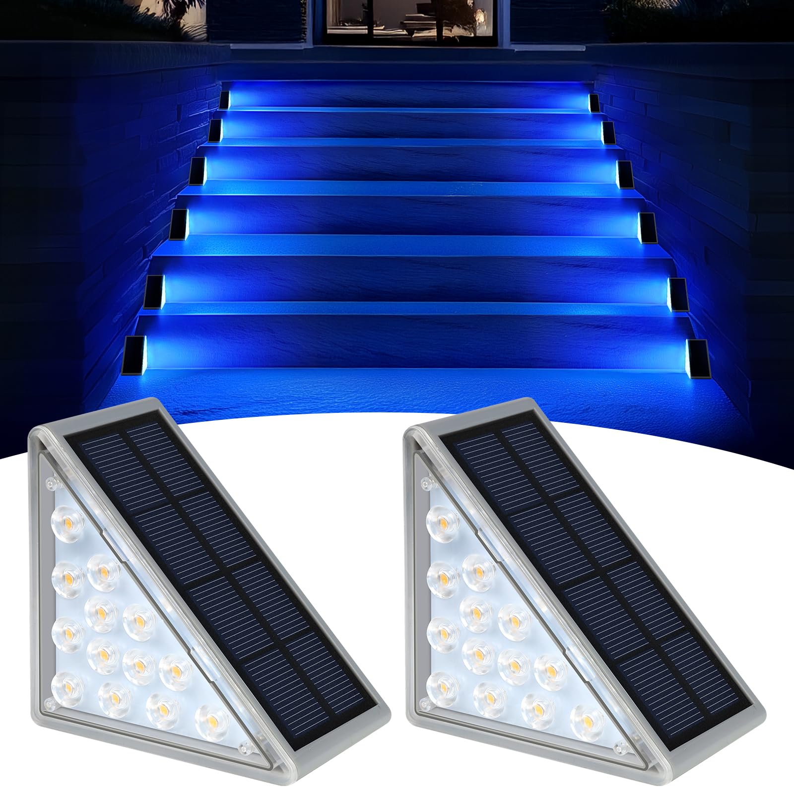 AUDLES 2 Stück Solar-Treppenlichter, Outdoor-Stufenlichter mit wasserdichter IP67, blaue LED-Solarleuchte für Außenbeleuchtung, Dekoration für Treppe, Deck, Vordertritt, Veranda, Terrasse und