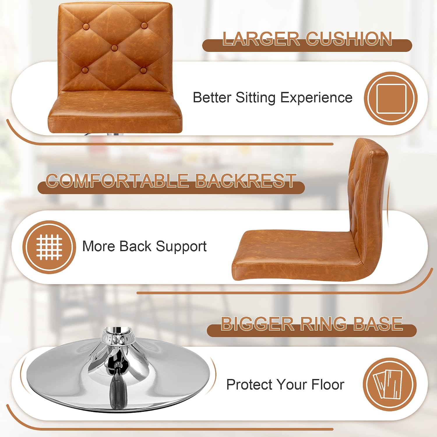 VECELO Bar Stools Set of 4, Modern Brown PU Leather Adjustable Bar Stools with Back, 360 Swivel, 17.3" D x 16.5" W x 45" H, 330 lbs Capacity