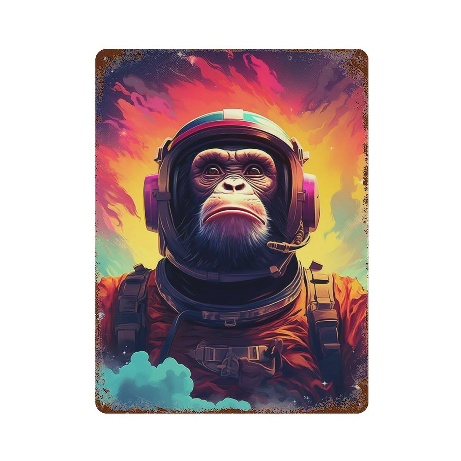 Ape Astronaut in Space Suit Distressed Metal Wall Sign 15.7"x11.8", Shabby Chic Decor for Garage, Pub Or Kitchen