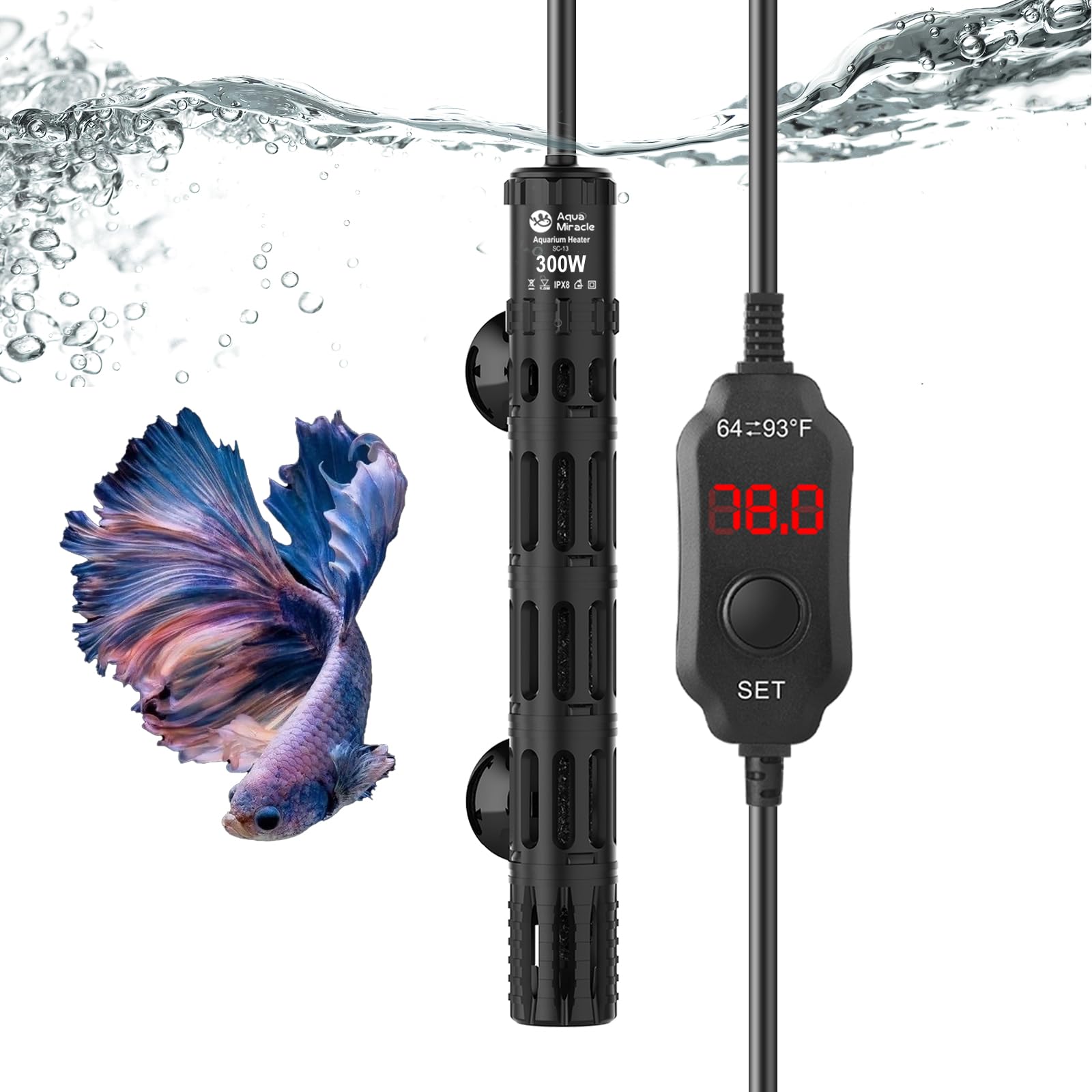 AquaMiracle Riscaldatore sommergibile per acquario, 300 W, con display digitale a LED della temperatura, spegnimento automatico a secco e protezione contro il surriscaldamento, per serbatoi d'acqua