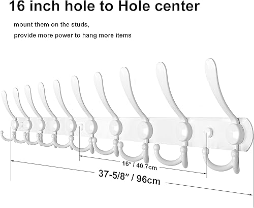 Miniatura 2 de WEBI Perchero de pared para colgar abrigos, 37 58 pulgadas de largo, 10 ganchos, ganchos para colgar abrigos de pared, 16 pulgadas de agujero a