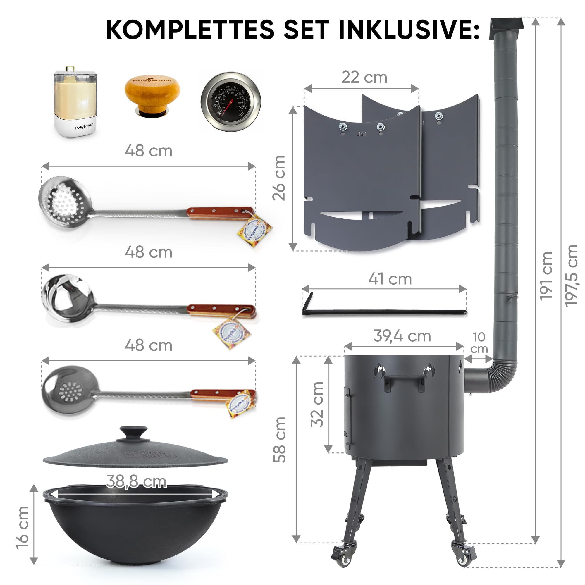 Utschak Feuerofen Ø 40cm mit Kazan Gusseisen 12L, Ø 42,5cm Kasan-Set mit Deckel Feuerschale Gulaschkanone