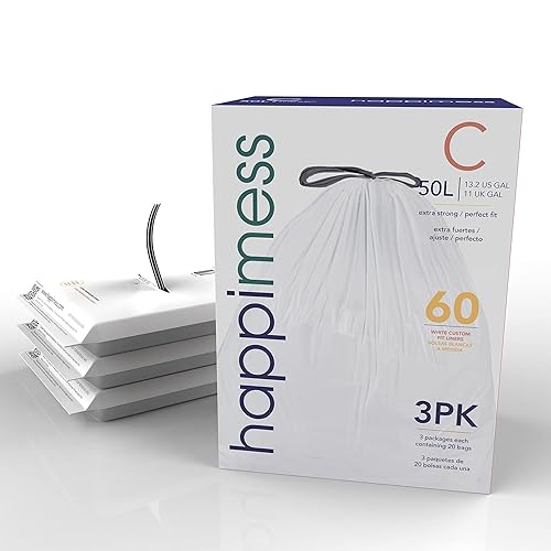 happimess HPM3000C-WHITE - Bolsas de basura con cordón de cocina de 13.2 galones, forro para botes de basura, color blanco, 60 unidades, 3 paquetes disponible en Yaxa Peru
