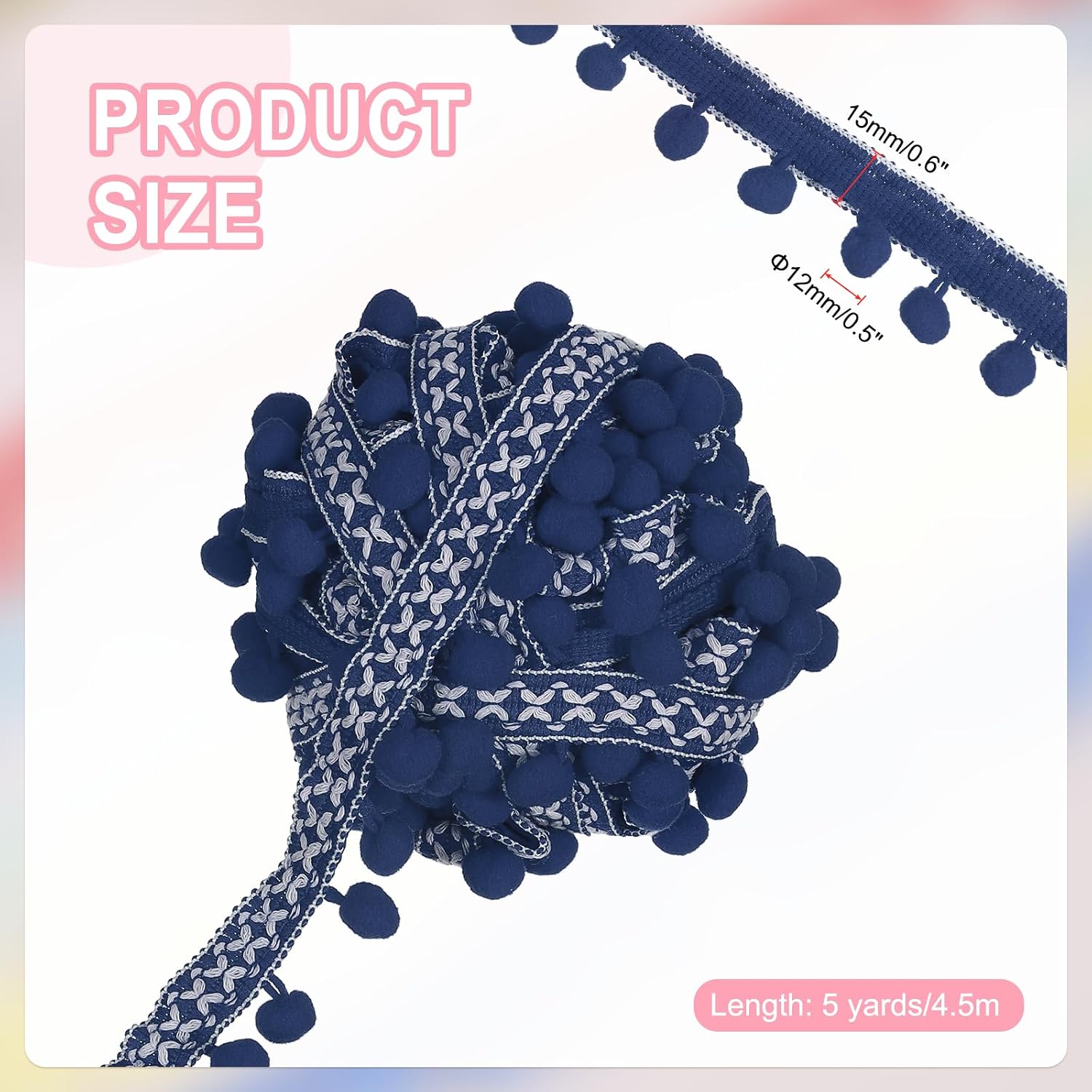 uxcell 5 Yards Pom Pom Ball Fringe Trim, 12mm Garland Ribbon Sewing Tassel Lace for Clothes Sewing Home Curtain Pillow Decoration, Dark Blue image 2
