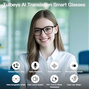 Bluetooth AI Smart Glasses with 160+ Languages, Color-Changing Lenses, Built-in Speaker & Clear Audio - Real-time Language Translator Glasses for Travel, Meetings and Business Use
