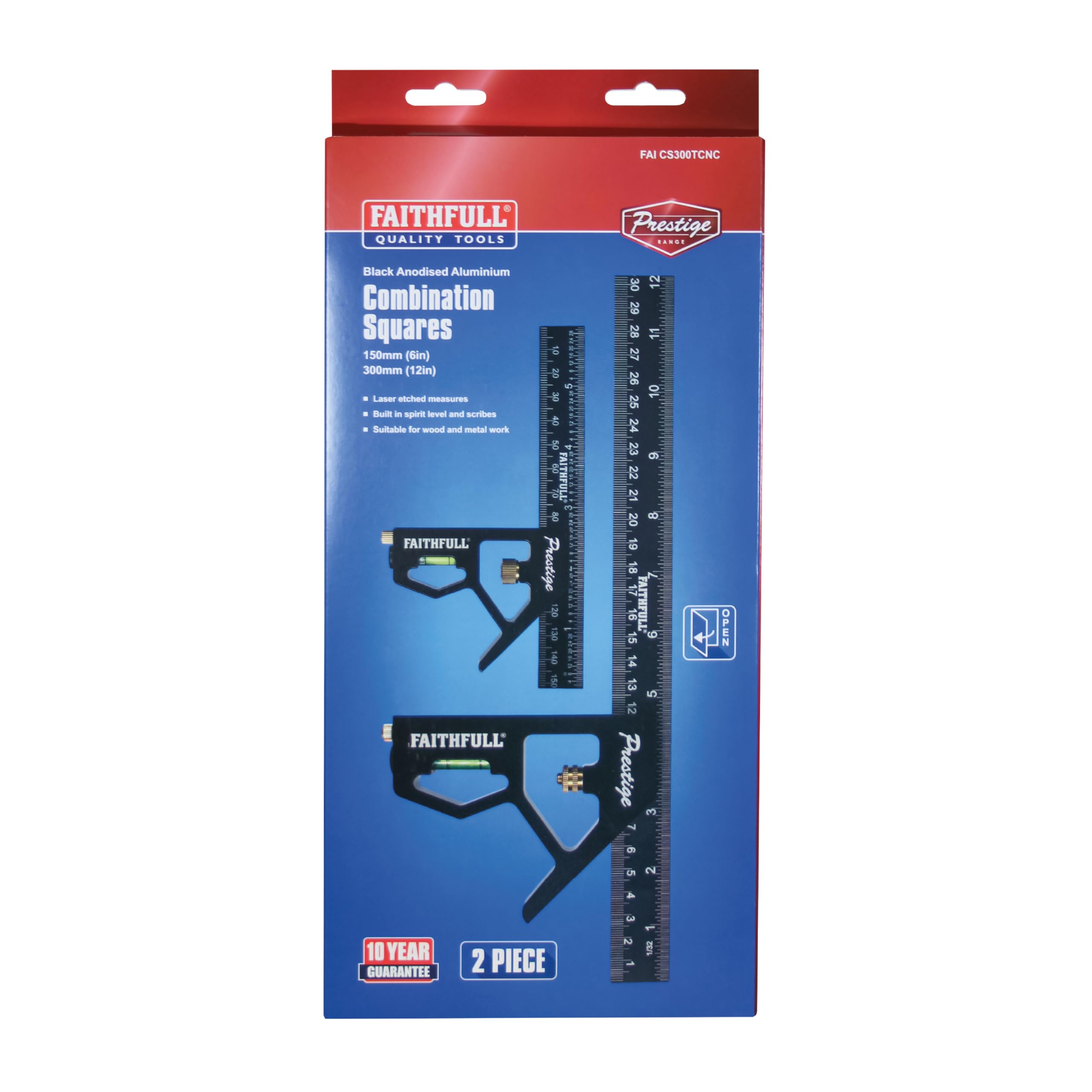 Faithfull Prestige Kombinationswinkel Doppelpack, Schwarz, Aluminium, 150 mm (6 Zoll) & 300 mm (12 Zoll) – Multifunktionales Mess- und Anreißwerkzeug mit Wasserwaage und Anreißnadel