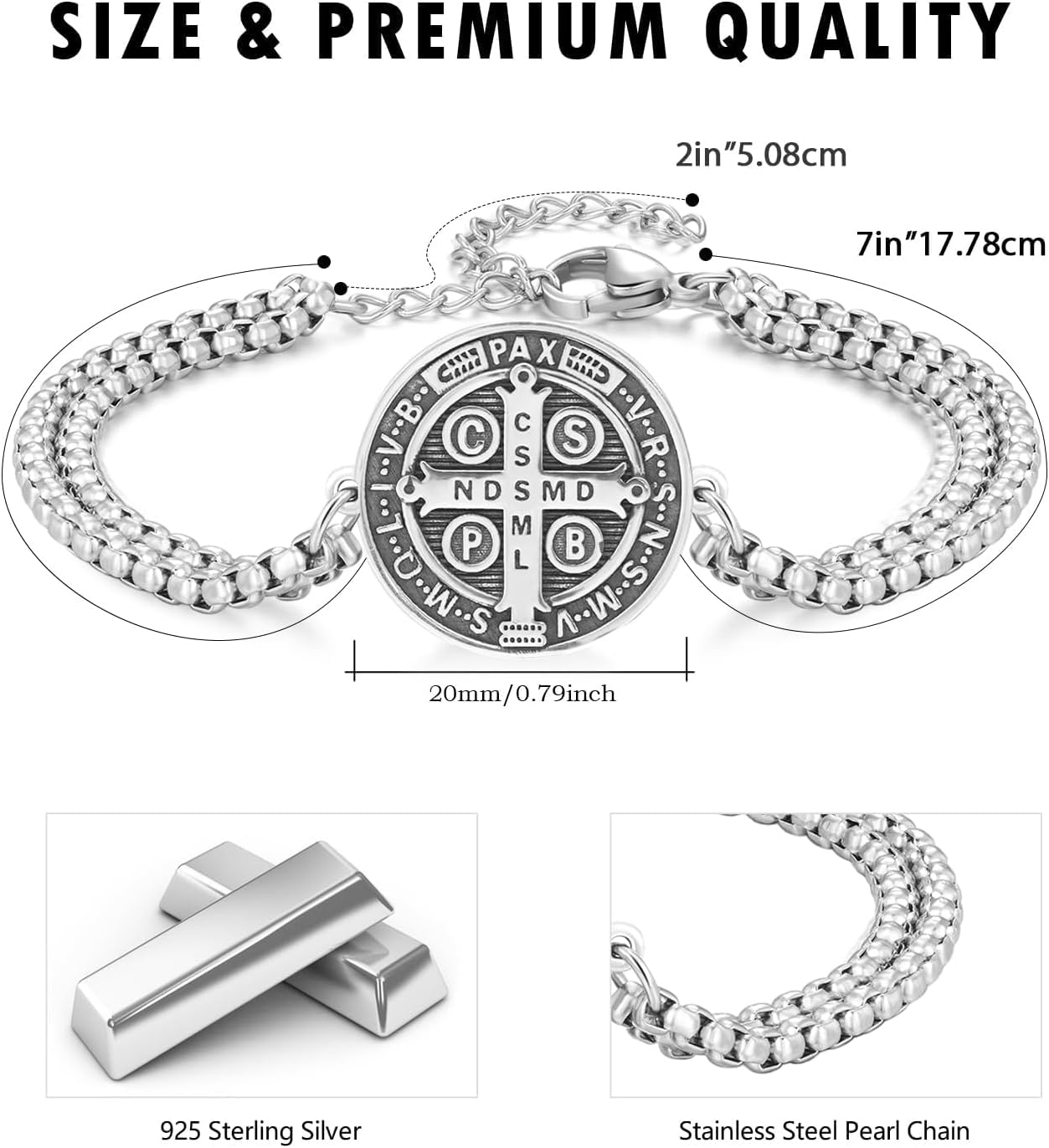 925 Sterling Silver Patron Saint Medal Bracelet with Stainless Steel Double Chain 7"+2" - Image 3