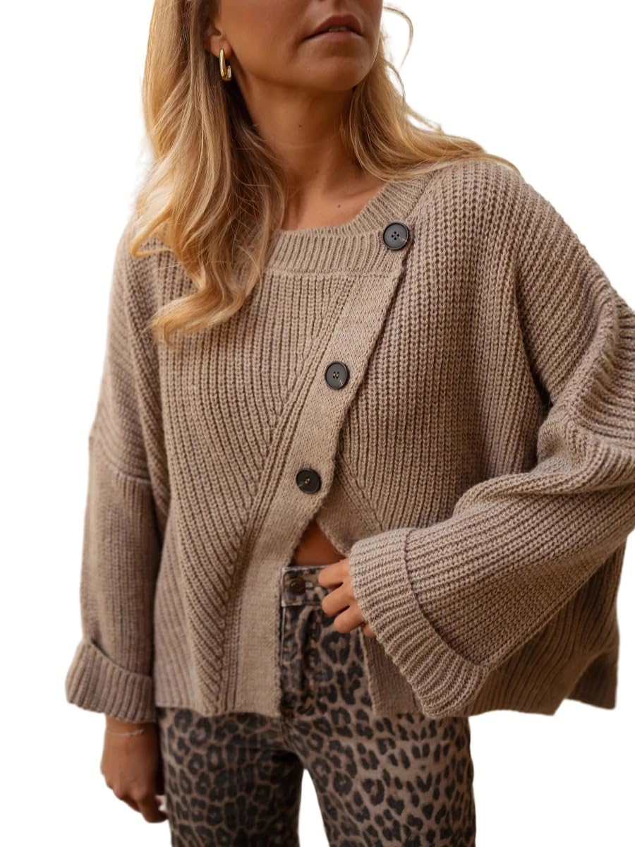 Apvirdy Womens Asymmetrical Knit Sweater Button Down Drop Shoulder Long Sleeve Ribbed Fall Winter Outerwear 2025