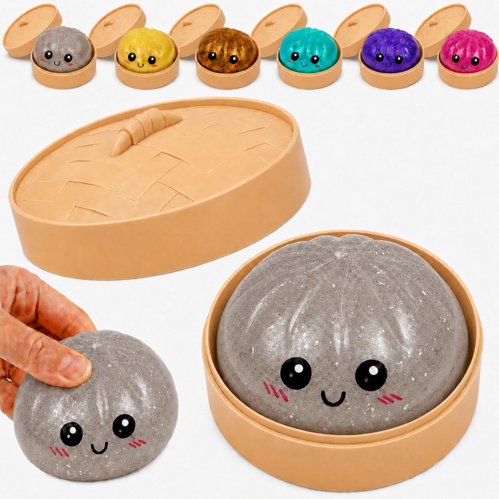 Glitter Dumpling Soft Squeeze Sensory Ornament, Slow Rising Dumpling Squishy for Stress Relief, with Mini Steamer Basket,Sparkling Novelty GIF (silver)