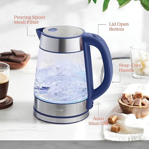 Miniatura 5 de Speed-Boil - Hervidor eléctrico para agua de 1.7 L y 1500 W, hervidor de café y té de vidrio de borosilicato, apertura amplia, apagado automático,