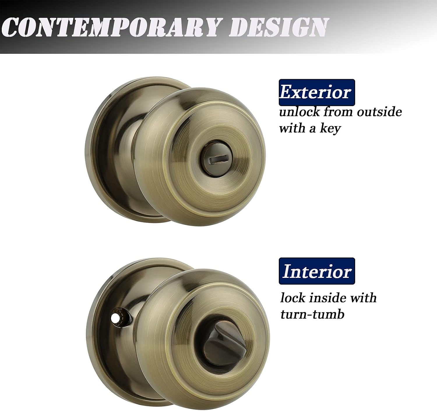 Probrico Privacy Door Knobs Lock Interior Bedroom Bathroom Door Handle Antique Brass Round Ball Keyless Lockset 10 Pack