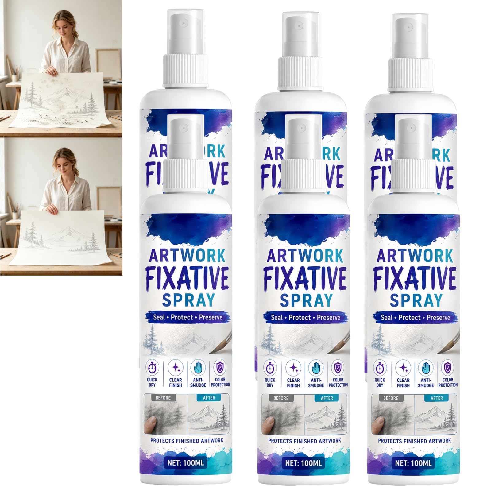 Spray fixatif réalisable pour l'art, fixatif au Pastel à l'huile pour Les Dessins au Fusain et au Crayon, Spray fixateur Anti-Taches, scellant de Finition Mat à séchage Rapide (6pcs)