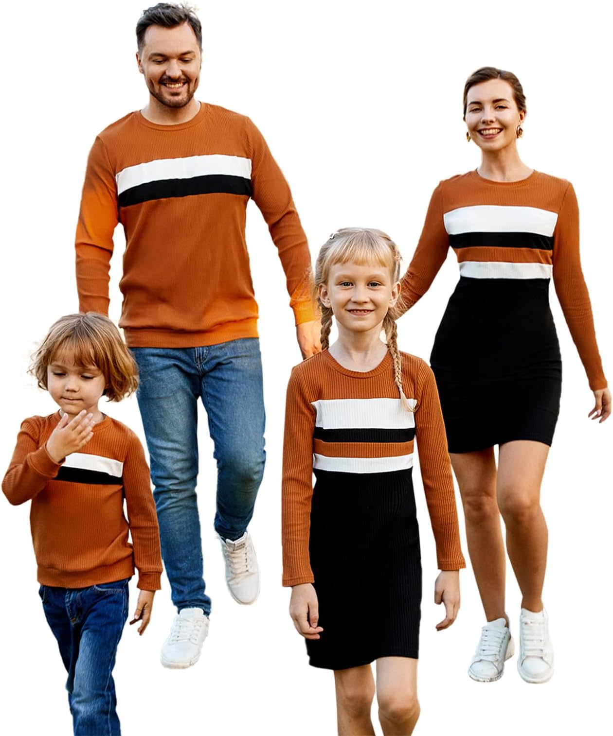 Family Matching Outfits Cotton Rib Knit Colorblock Long Sleeve Bodycon Dresses and Sweatshirts Tops Sets