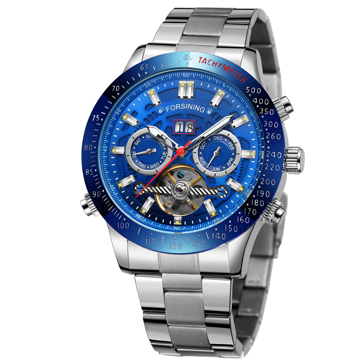 FORSINING Mens Self Winding Automatic Tourbillion Original Calendar Stainless Steel Wrist Watch, Blue and Silver, Self Winding Automatic (B09JLQG3TH) Amazon Price History, Amazon Price Tracker
