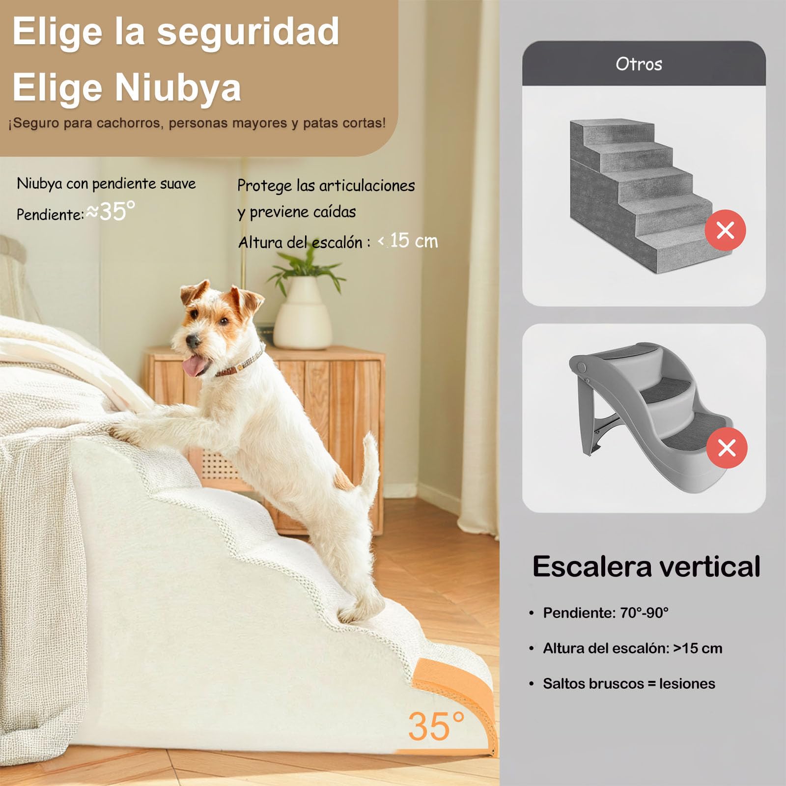 Niubya Escalera para Perros y Gatos Pequeños, 2 Peldaños 30 cm, Espuma 30D Alta Densidad, Antideslizante, Funda Extraíble Lavable, Sofá y Cama para Mascotas Mayores, Beige