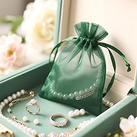 G2PLUS 100PCS Drawstring Organza Bags 4x6 in - Christmas Dark Green Organza Bags, Sheer Mesh Pouches for Candy, Fruits, Baby Shower, Wedding Party Favors