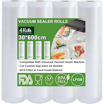 Vacuum Sealer Bags 4 Rolls Vacuum Film 30 x 600 cm Vacuum Bags Food BPA-Free Tear-Resistant 190  m Welding Film for Vacuum Sealers Microwaves and Sous Vide