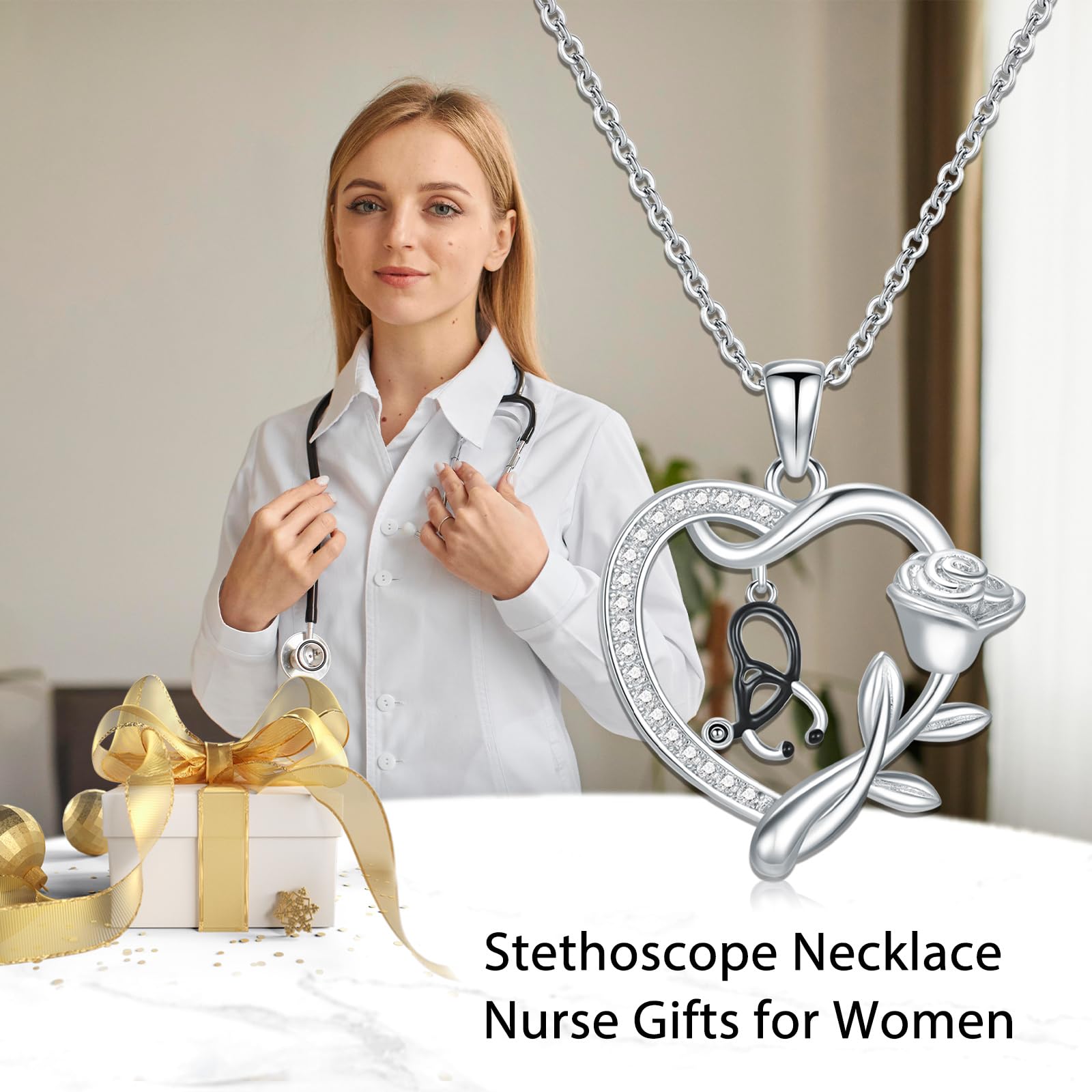 Stetoscopio collana in argento Sterling 925 cuore collana laurea regalo regalo per medici infermieri, 22*23, Argento sterling, Zirconia