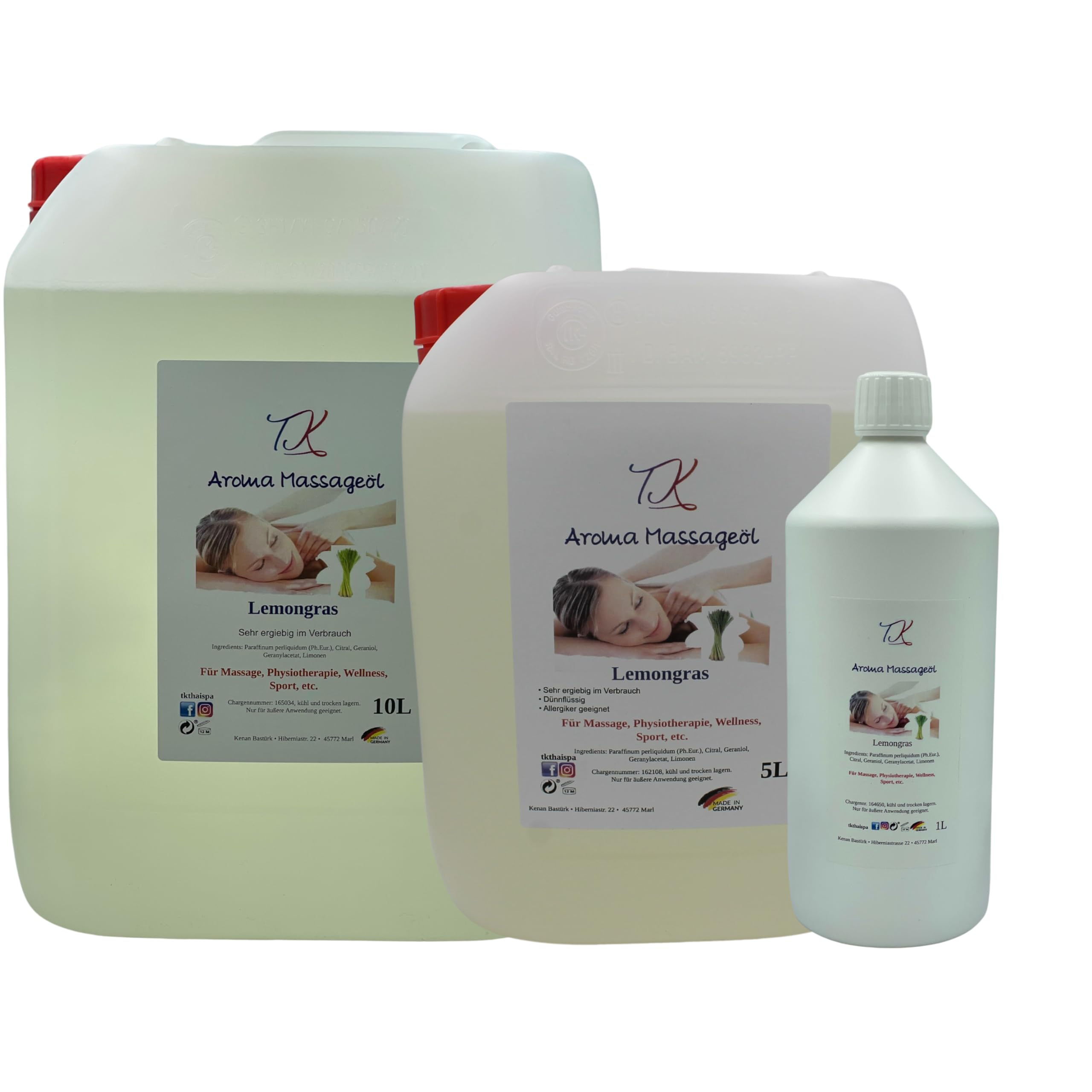 Juego de 10 aceites aromáticos para masajes, fisioterapia, bienestar, deportes, etc. (2 x 500 ml) en calidad farmacéutica (1000 ml, hierba de limón y rosa)