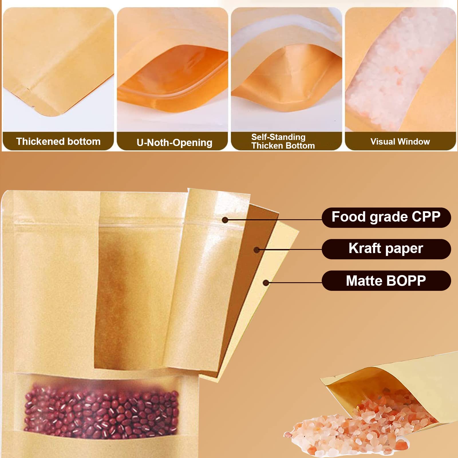 100 bolsas de papel kraft con ventana transparente, bolsas de pie de 5.9 x 8.7 pulgadas, bolsas de café, bolsas sellables para embalaje, bolsas de pie con cremallera para el hogar o el negocio