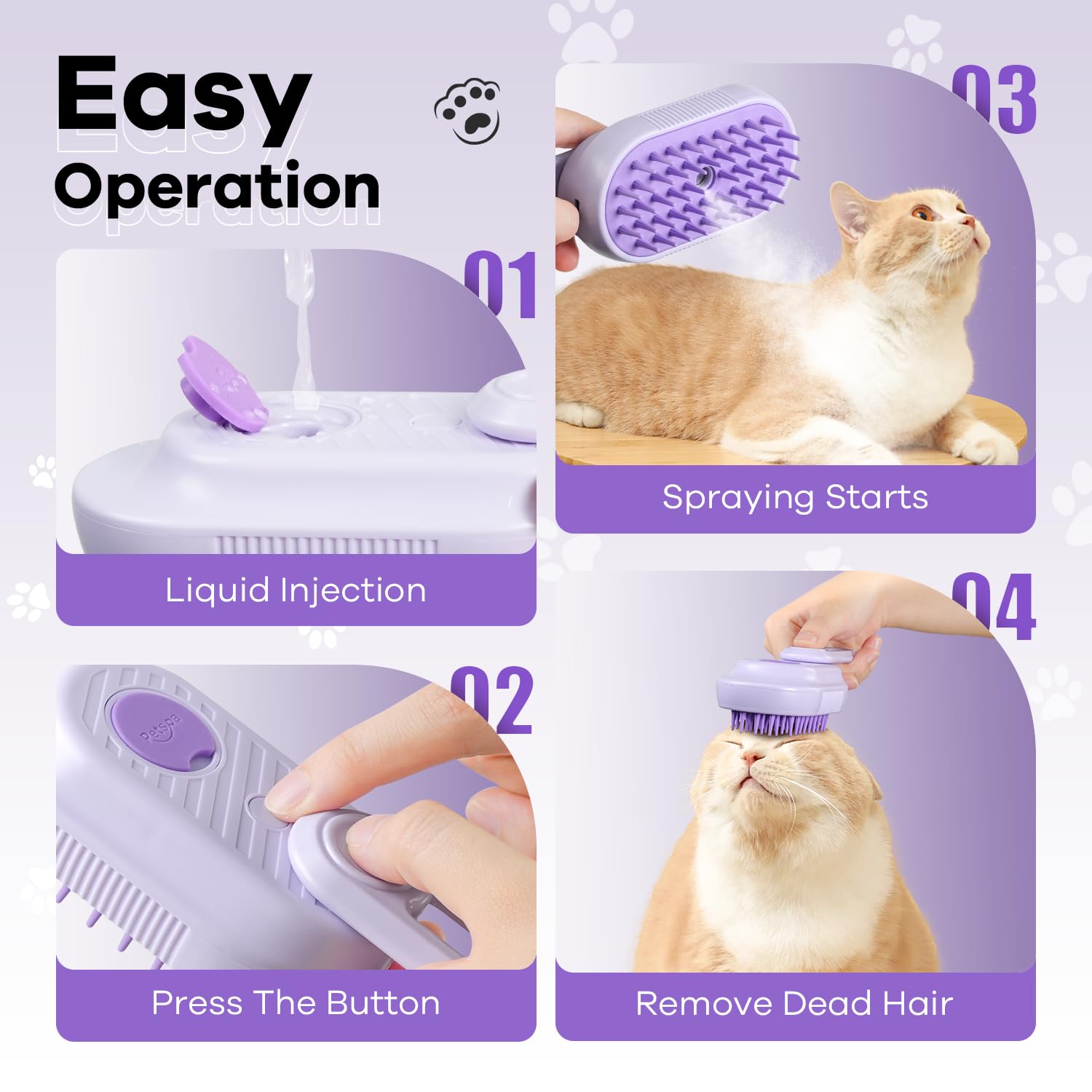 Cat Steam Brush for Shedding, 4 in 1 Cat Steamy Brushs Cleanser with Foldable Handle, Pet Spa Brush for Cats, Spritz Defur Comb for Pets, Steam Brushs for Cats (purple)