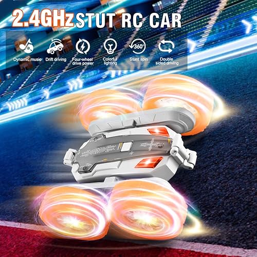 Miniatura 2 de Auto de acrobacias con control remoto, nuevo auto actualizado de 2.4 GHz 4WD de doble cara giratoria de 360 con faros delanteros y luces de rueda,