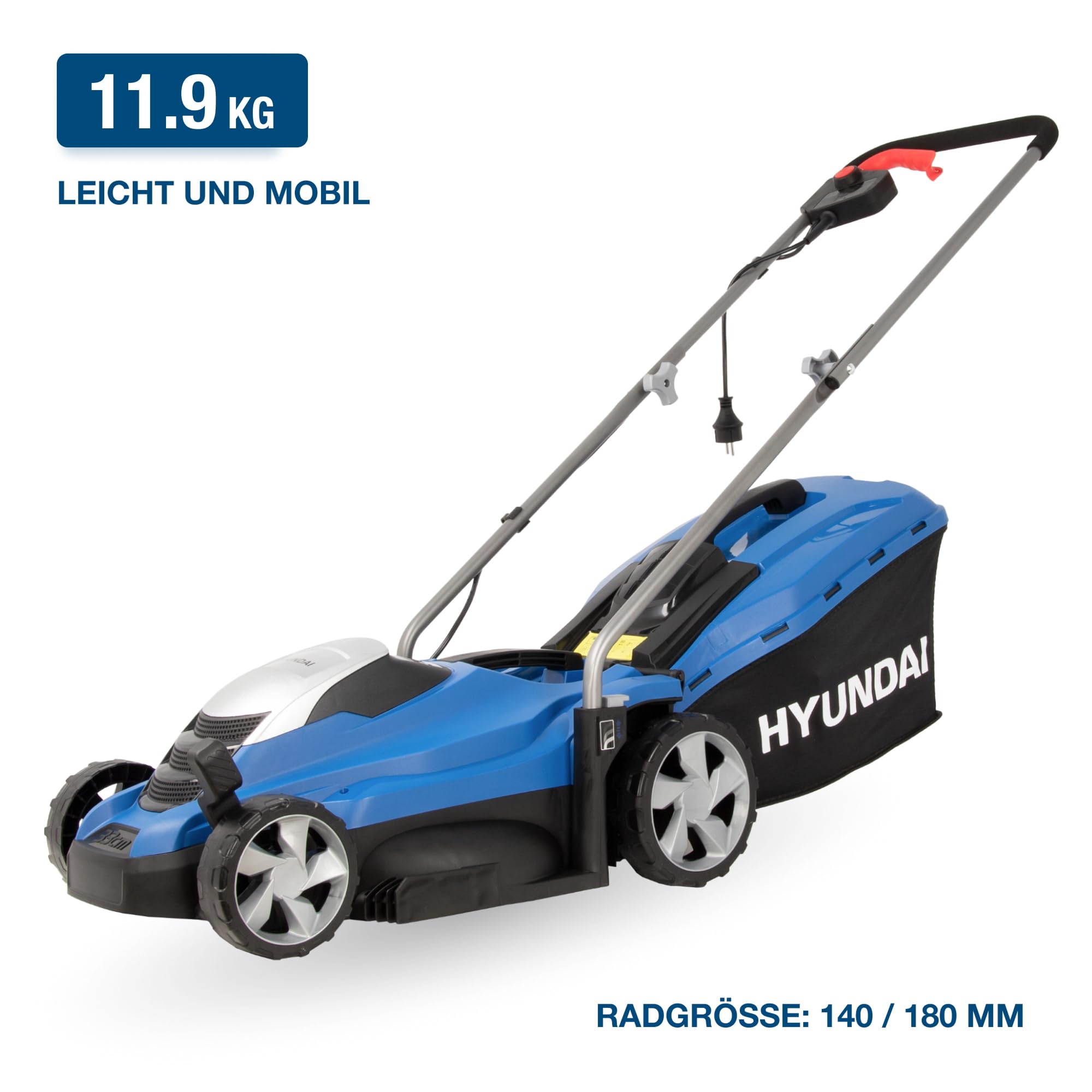 HYUNDAI Elektro-Rasenmäher LM3301E mit Mulchfunktion, Elektromäher, Mulcher, Mäher (33cm, 1300W, 35L Korb, 5-fache zentrale Höhenverstellung)