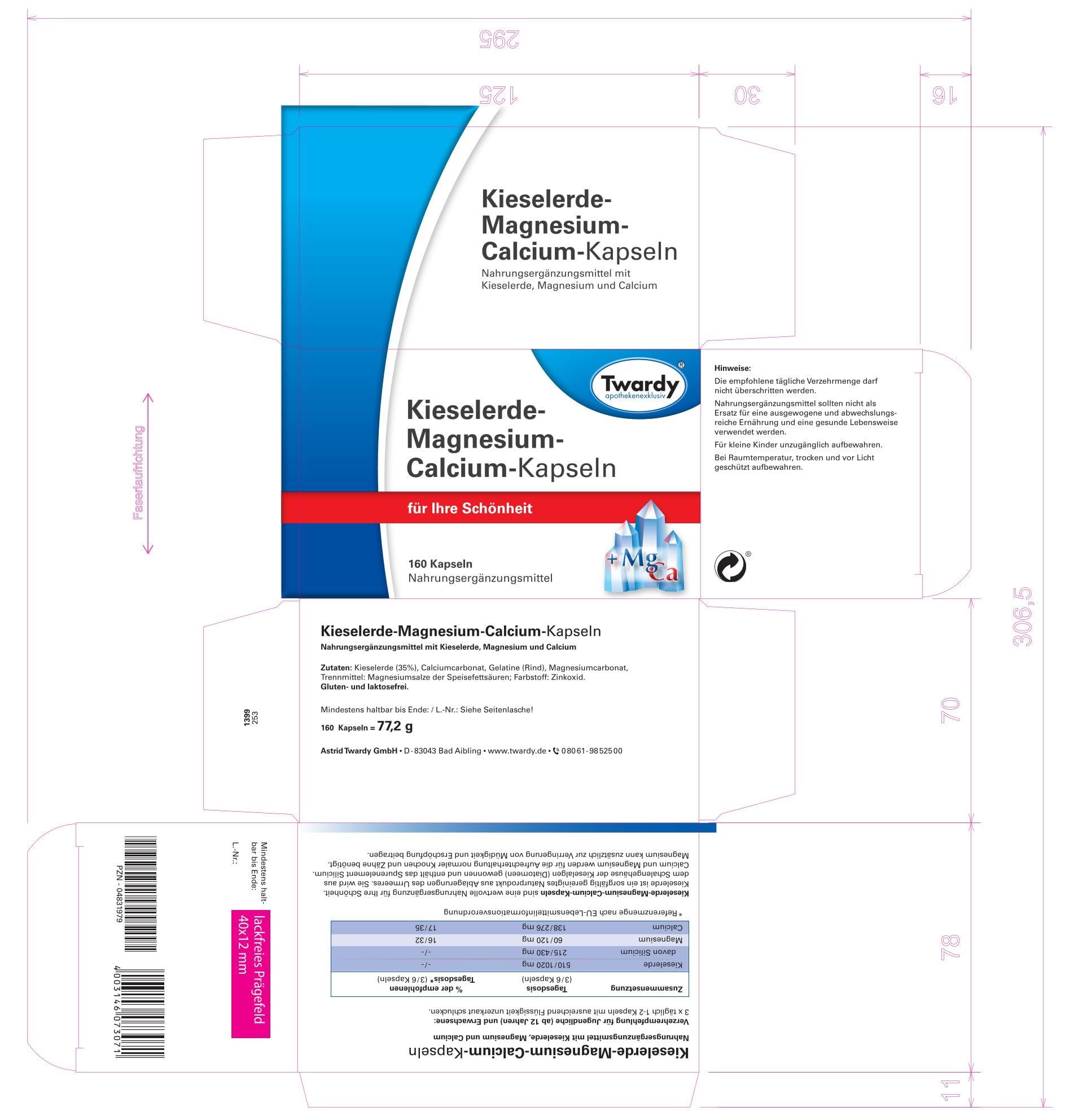 Astrid Twardy Kieselerde-Magnesium-Calcium Kapseln – Unterstützt Knochen, Muskeln und Bindegewebe - 2x160 Kapseln