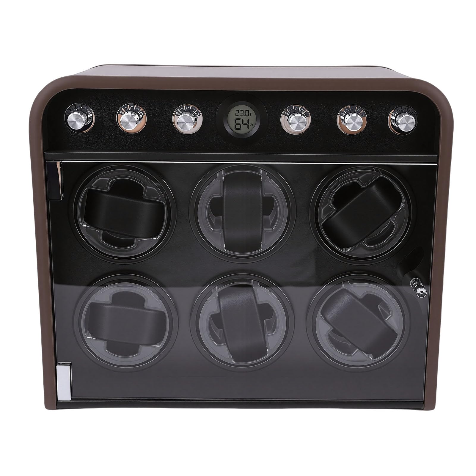 Sxhlseller Leiser Uhrenbeweger für 6 Uhren, 10 DB Leiser Automatischer Uhrenaufzug mit LED-Ambientelicht, 5 Einstellbare Modi, Uhrendreher aus Holzfaserplatte mit Holzmaserung für Mechanische Uhren