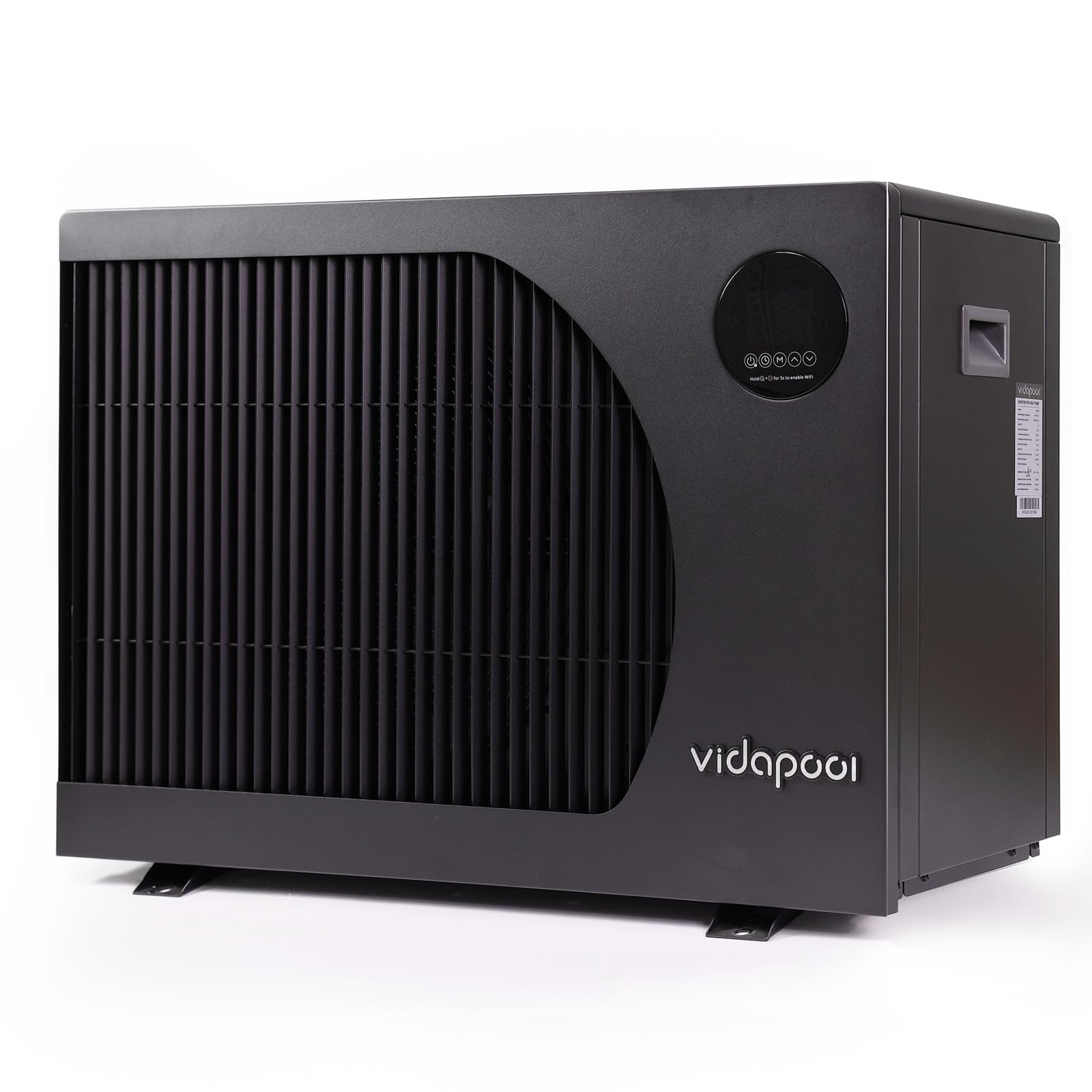 Front view of the Vidapool VTX035 Inverter Pool Heat Pump next to a pool, showing the control panel and brand logo.