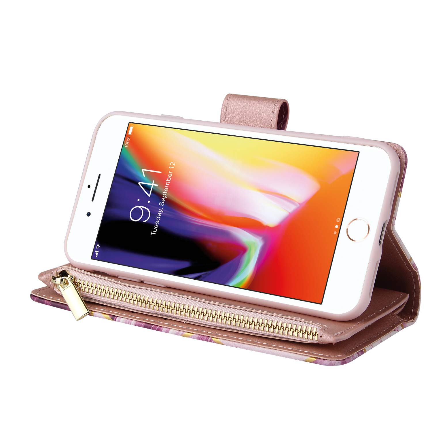 UEEBAI Wallet Case For IPhone SE 2022 5G/iPhone 7/iPhone 8/iPhone SE 2020, Glitter PU Leather Magnetic Zipper Case Kickstand Card Slots Wrist Strap TPU Flip Cover For IPhone SE3/SE2 - Bling Purple - View #3