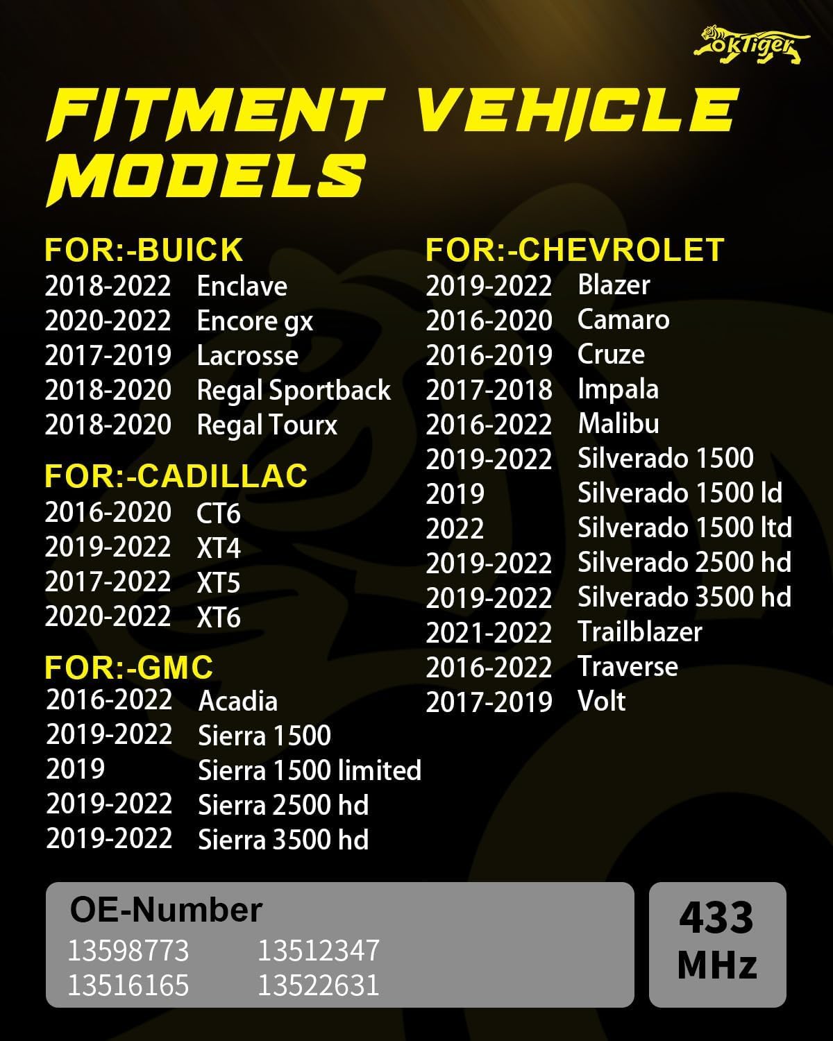 Oktiger 433MHz TPMS Sensor Pre-Programmed Fit for Gmc Acadia 2016-2022, Sierra 1500/2500/3500 2019-2022, for Cadillac XT4 2019-2022, XT5 2017-2022, XT6 2020-2022, CT6 2016-2020, for Buick, OE#13598773