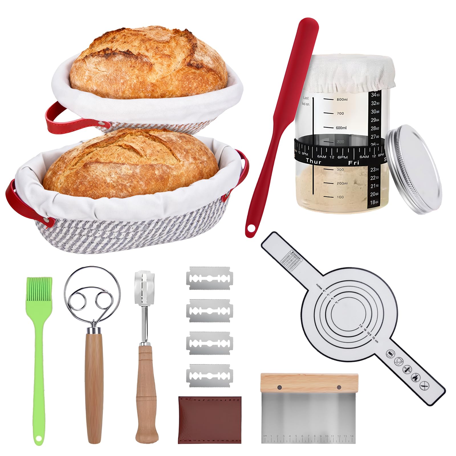 Banneton Pour Pain, Rond et Ovale Banneton, 11 Pièces Kit Pain Au Levain, Avec 2 Paniers De Levain, Couteau à Avec 5 Lames, Brosse, Grattoir Et Housse De Linge, Kit Boulangerie Professionnel