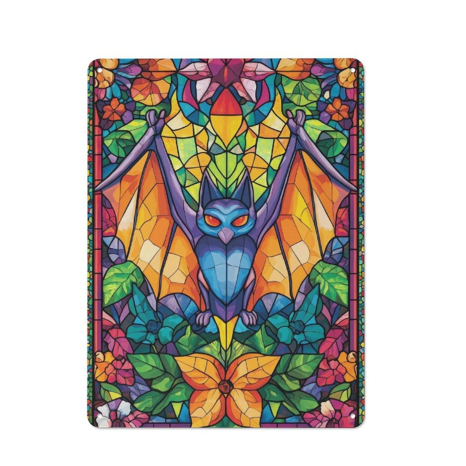 Junmoney Stained Glass Bat Retro Metal Plaque 40X30cm Featuring For Garage Wall, A Winter Wall Decor Update For Workshop Decor Fans