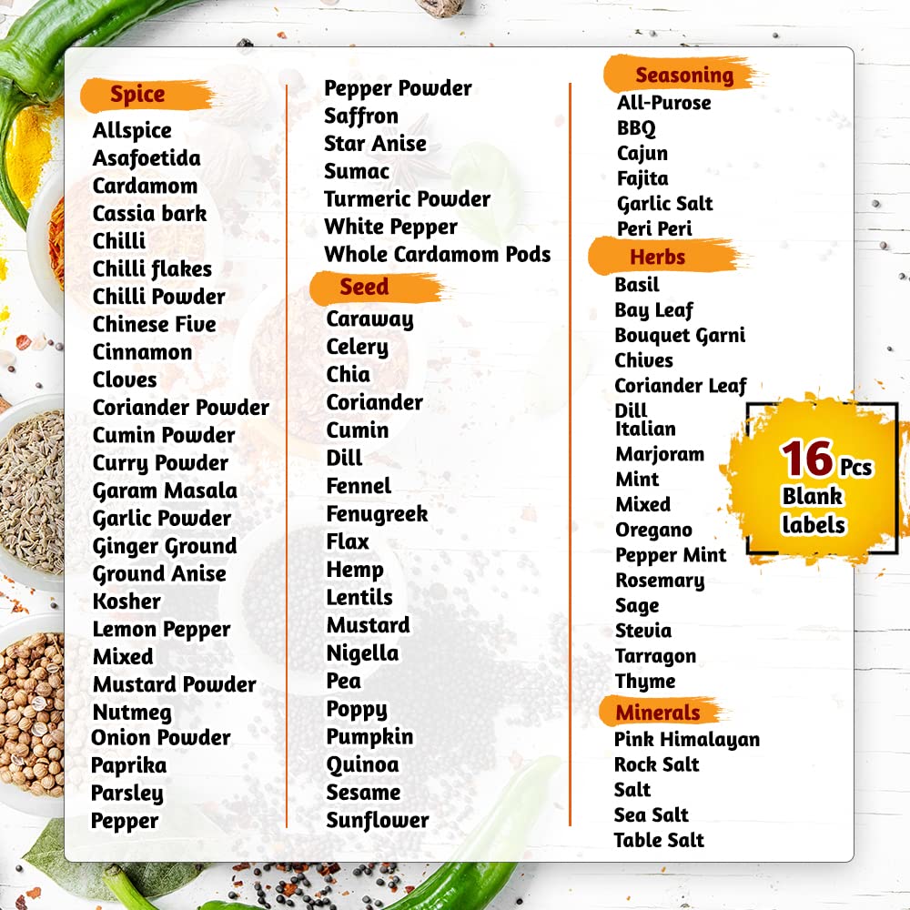 TEHAUX 16fogli Etichette Adesive Per Spezie Di Impermeabili e Trasparenti Per Barattoli Da Cucina e Organizzazione Alimentare