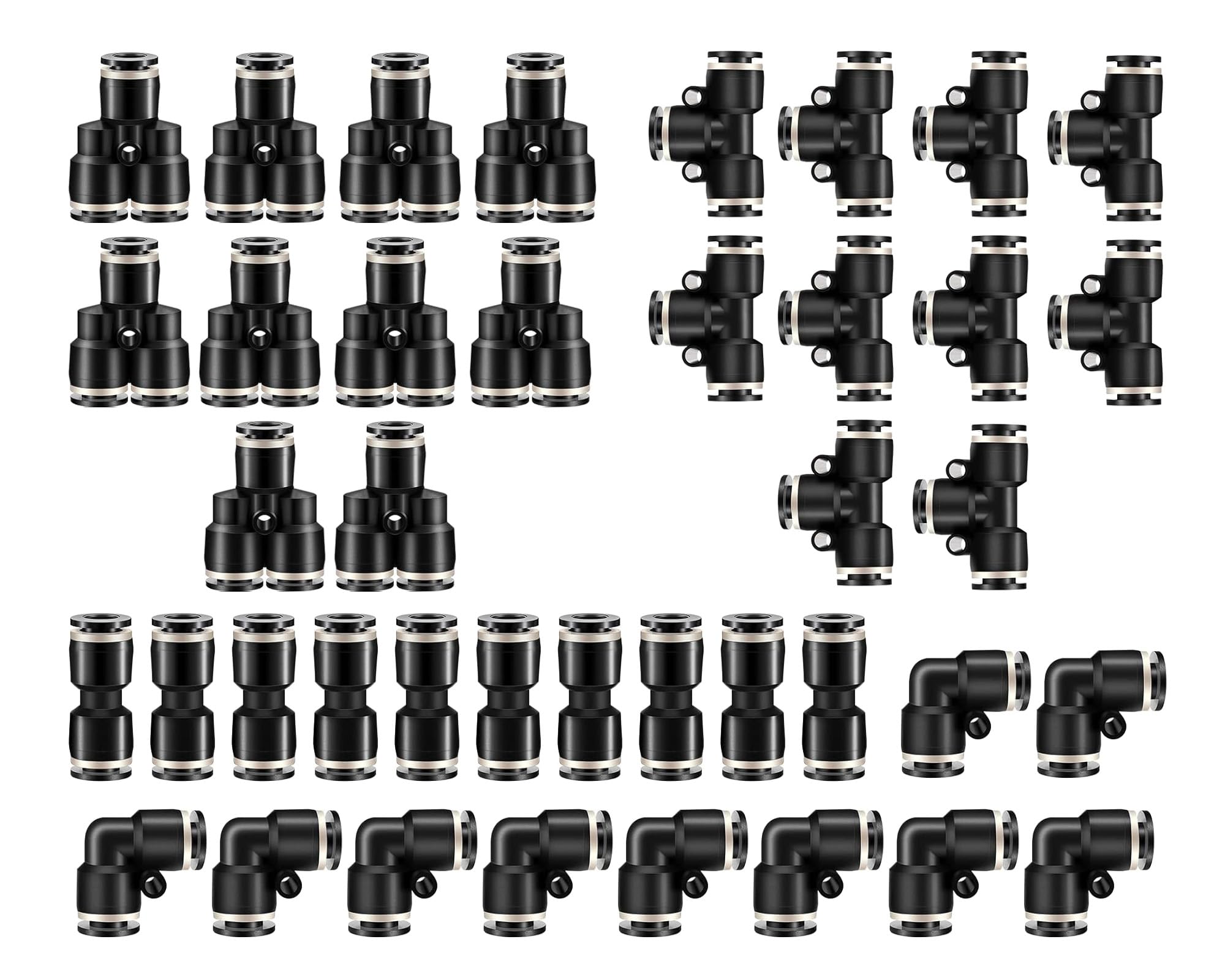 HUAZIZ 40 Stück Pneumatic Push to Connect Fittings, Schwarz Pneumatische Armaturen Kit, 10 Stück Spliter+10 Stück Ellenbogen+10 Stück Tee+10 Stück Gerade(1/4 Inch Od)