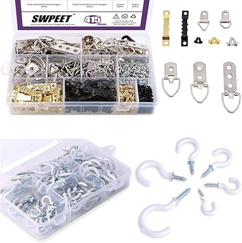Swpeet Kit de 415 ganchos para fotos con tornillos y 100 ganchos para tazas Whit, juego surtido de ganchos de fotos resistentes para soluciones para