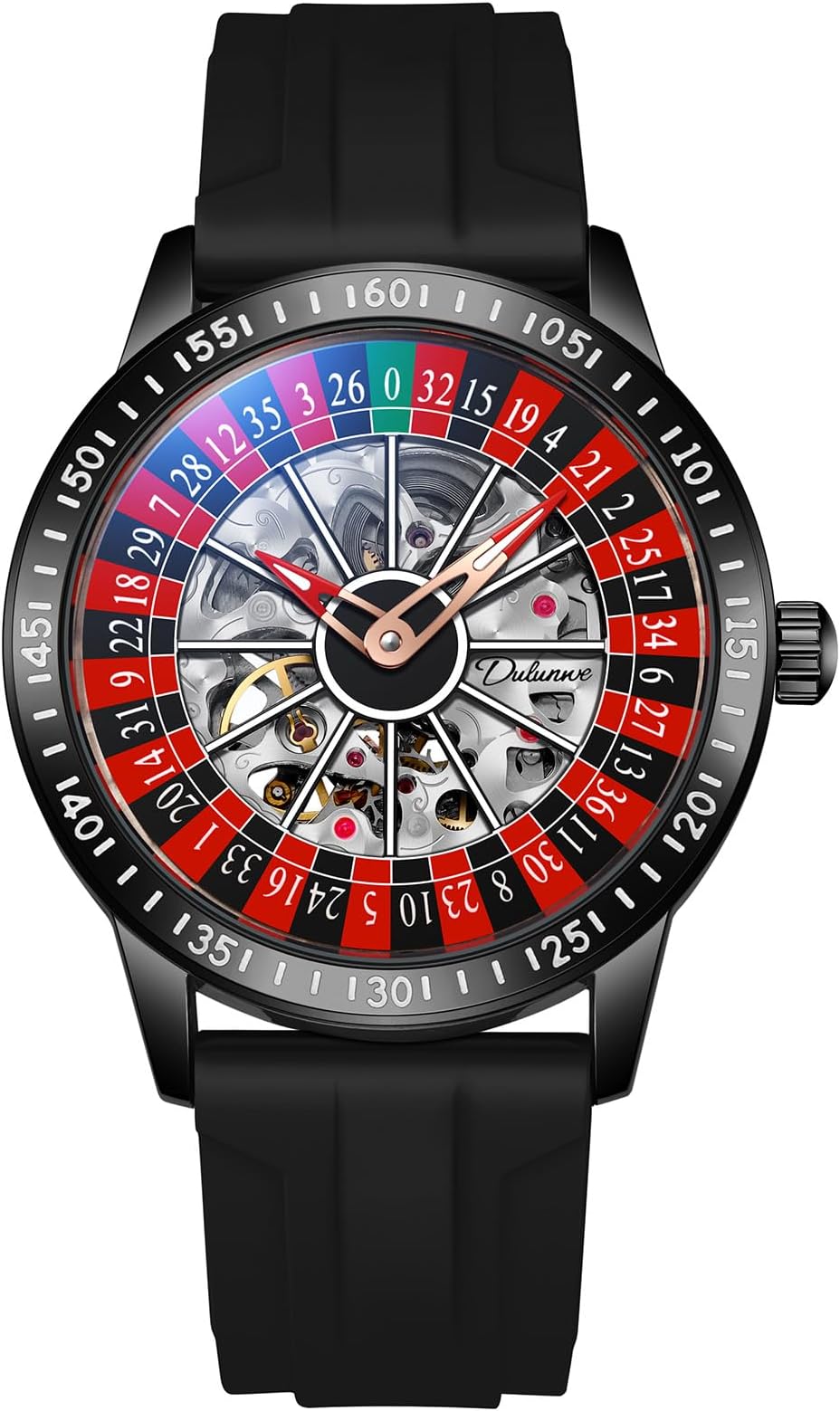 Mens Automatic Mechanical Skeleton Hollow Waterproof Luminous Watch Stainless Steel Band Self Winding Roulette Wheel Business Casual Wristwatch